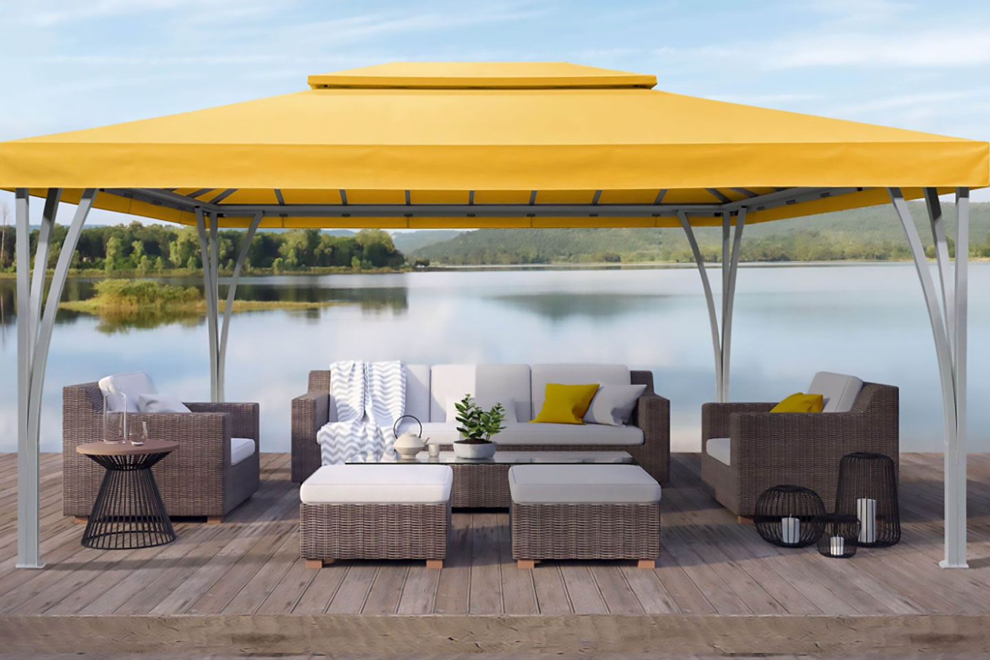 Yellow SummerSpace Open Air Cabana by Decadent Outdoors, featuring a Tempotest fabric roof and silver metallic aluminum frame, providing poolside shade over a modern outdoor lounge set with a lake view.