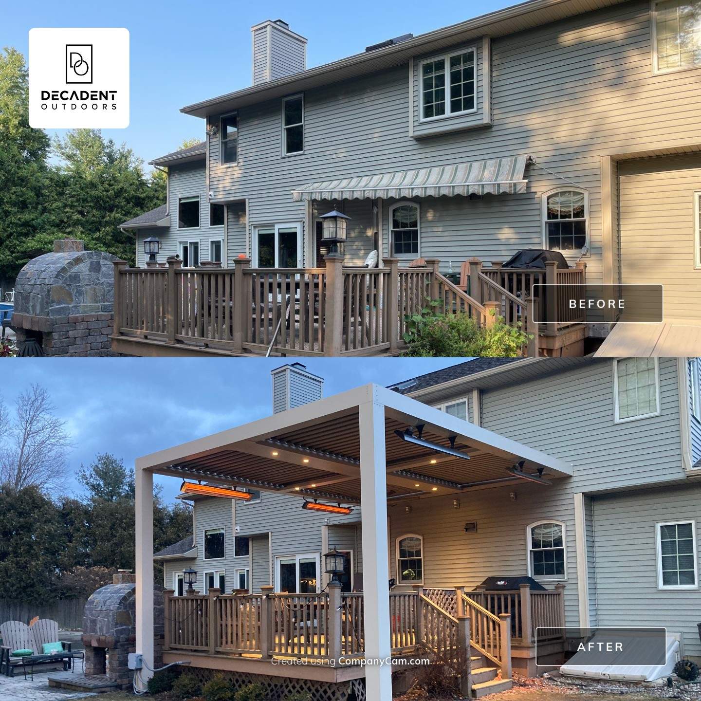 Before and after photos of a deck showing an old, retractable awning in the before photo, and a large pergola, complete with lighting and outdoor heating units, in the after photo.